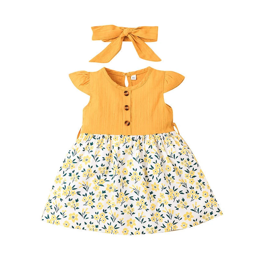 

New Summer Child Girl Dress Yellow Floral LongSkirt Cute Princess A-line Dresses Kids Clothes with Bow Girls Items Free Shipping