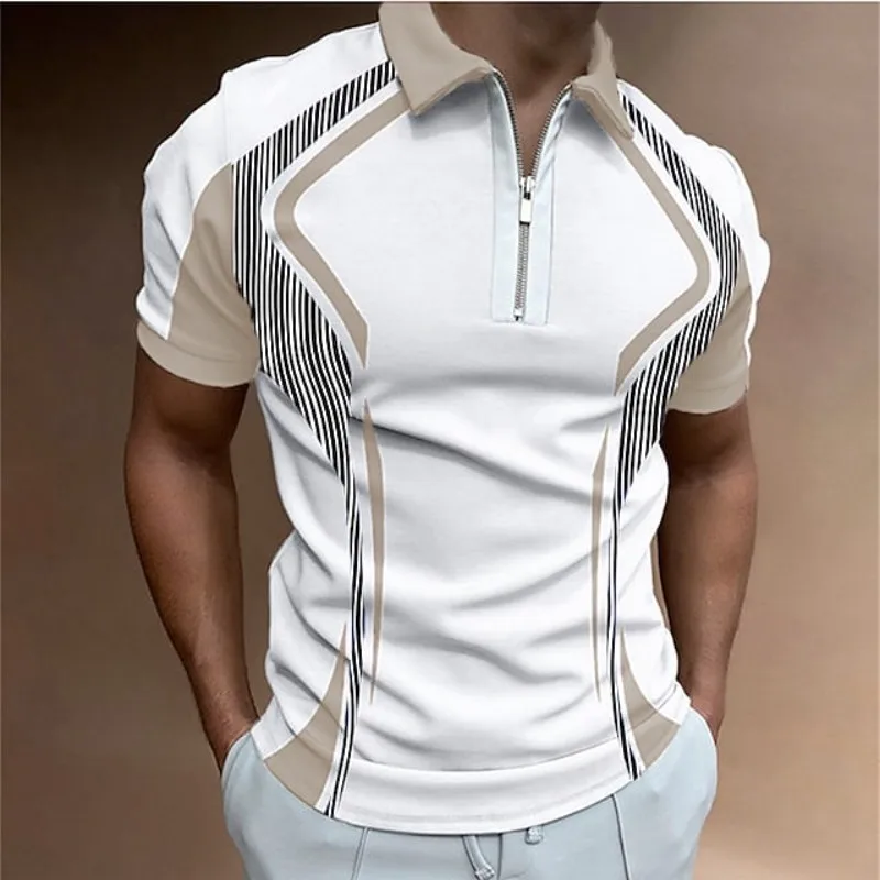 

Men's Summer Casual Clothing Printed Stitching Short Sleeve Polo Shirt Men's Zipper T-shirt Top Street Golf Fashion Slim Tops