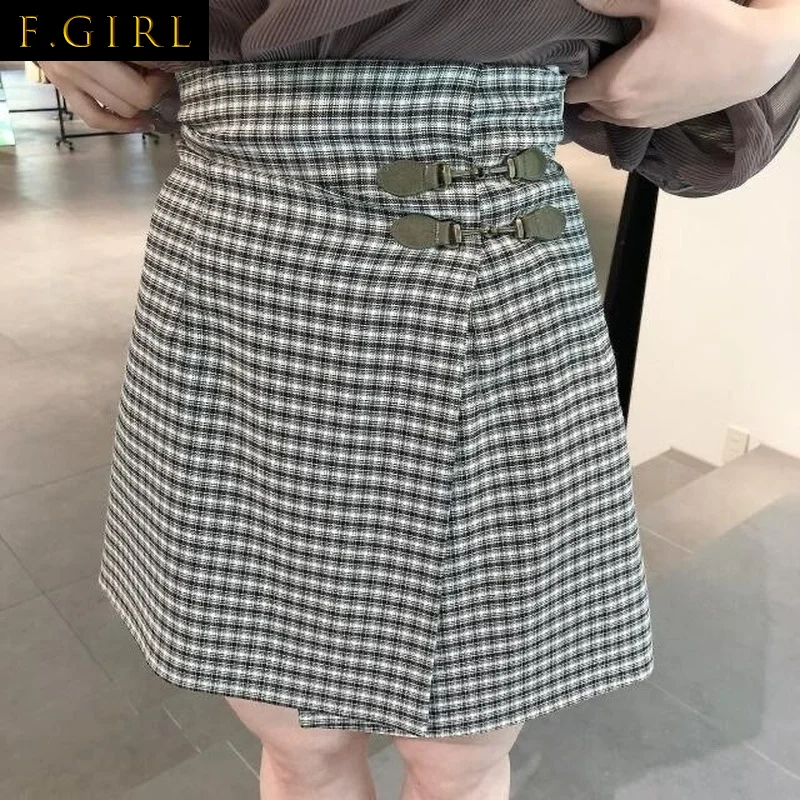 

Юбка-кюлоты Женская трапециевидная с завышенной талией, клетчатая Асимметричная приталенная, в японском стиле