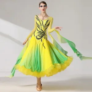 Изысканное высококачественное женское платье для соревнований и представлений, желтое платье для бальных танцев международного стандарта