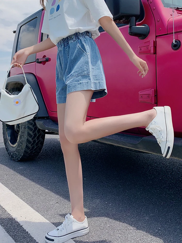 New Summer Women Elastic Waist Wide Leg Denim Shorts Streetwear Female Loose Pocket Retro Jeans Shorts Bottoms
