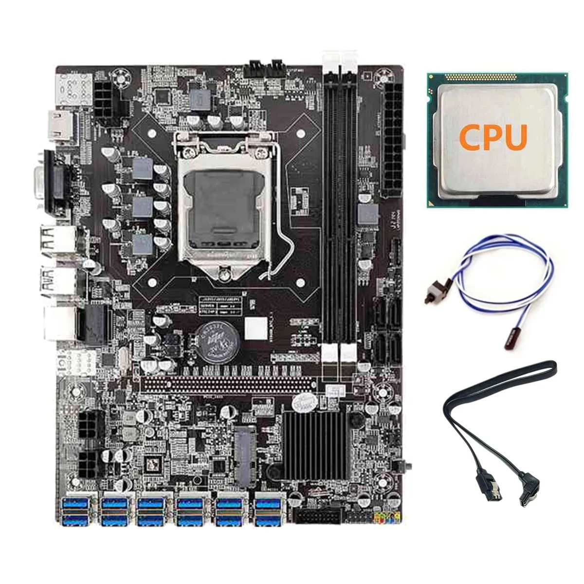 B75 12X USB3.0 Mining Motherboard with Random CPU+Switch Cable+SATA Cable LGA1155 DDR3 Memory SATA3.0 for BTC/ETH Miner