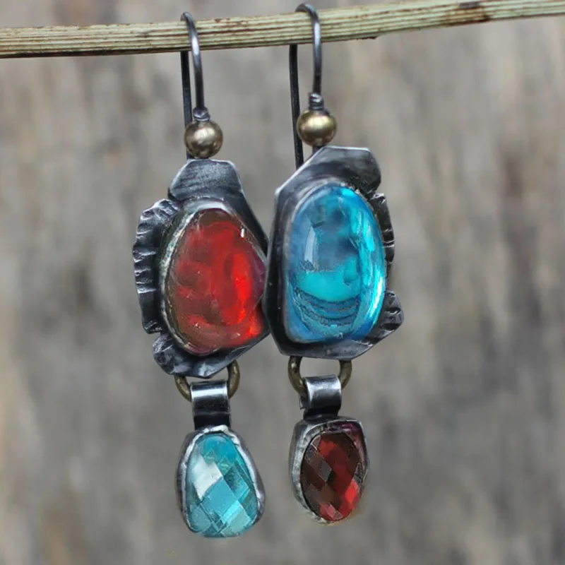 

Asymmetrical Red Blue Stone Earrings New Vintage Antique Metal Water Drop Crystal Oval Moonstone Dangle Earrings For Women