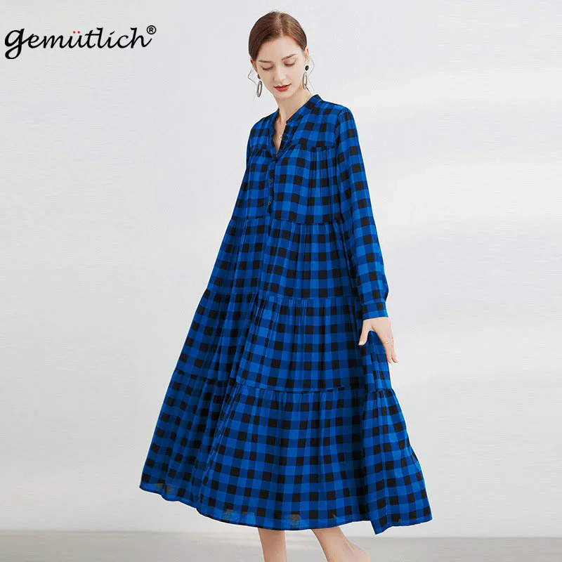

GEMUTLICH Women Over Size Plaid Loose Dress V-Neck Collar Vintage Cotton Long Dress for Big Size Pregnant Female New