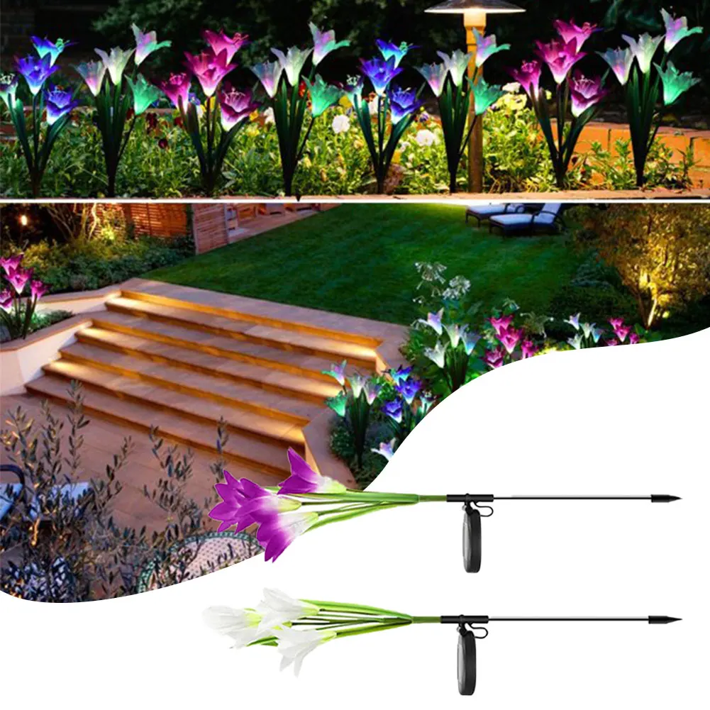 

2pcs Home Decor LED Lamp Stake Solar Lily Flower Light Outdoor Lawn Pathway Color Changing Simulation Waterproof Garden Yard