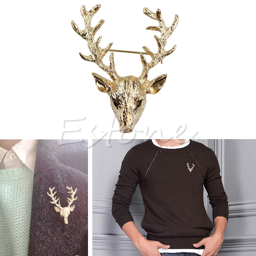 

652F Cute Scottish Gold Elk Milu Head Horn Red Deer Hunting Collar Neck Tips Brooch