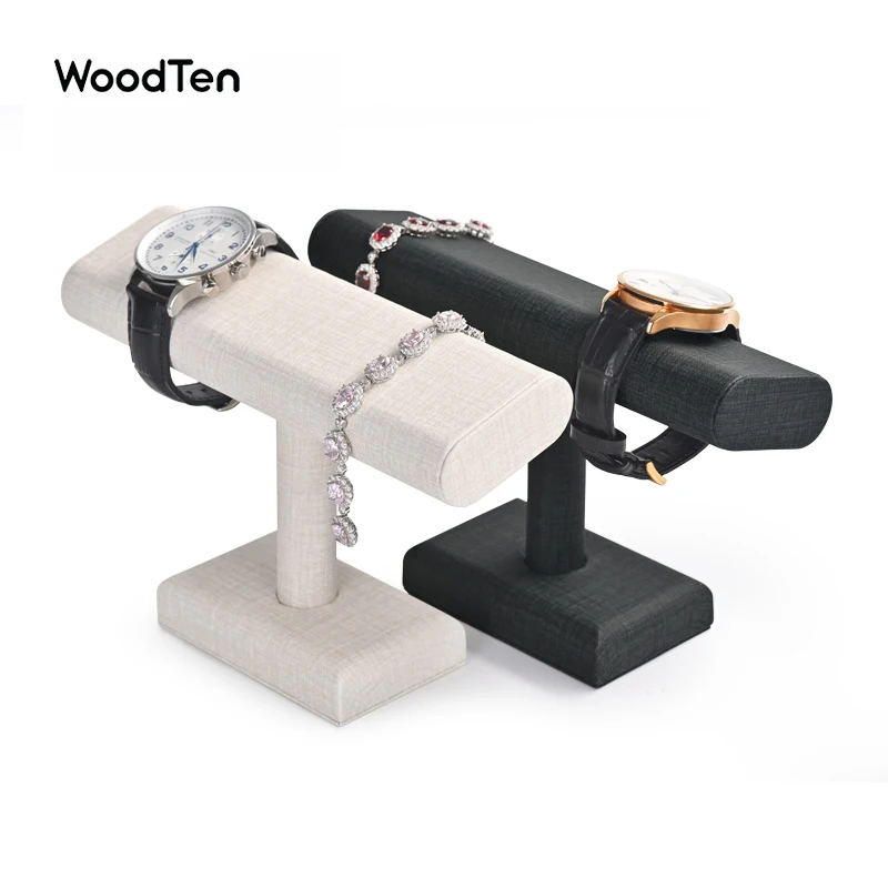 

WoodTen Jewelry Display Prop for Watch Bangle Jewelry Accessories with PU Leather Beige Dark Grey Showing Shelf