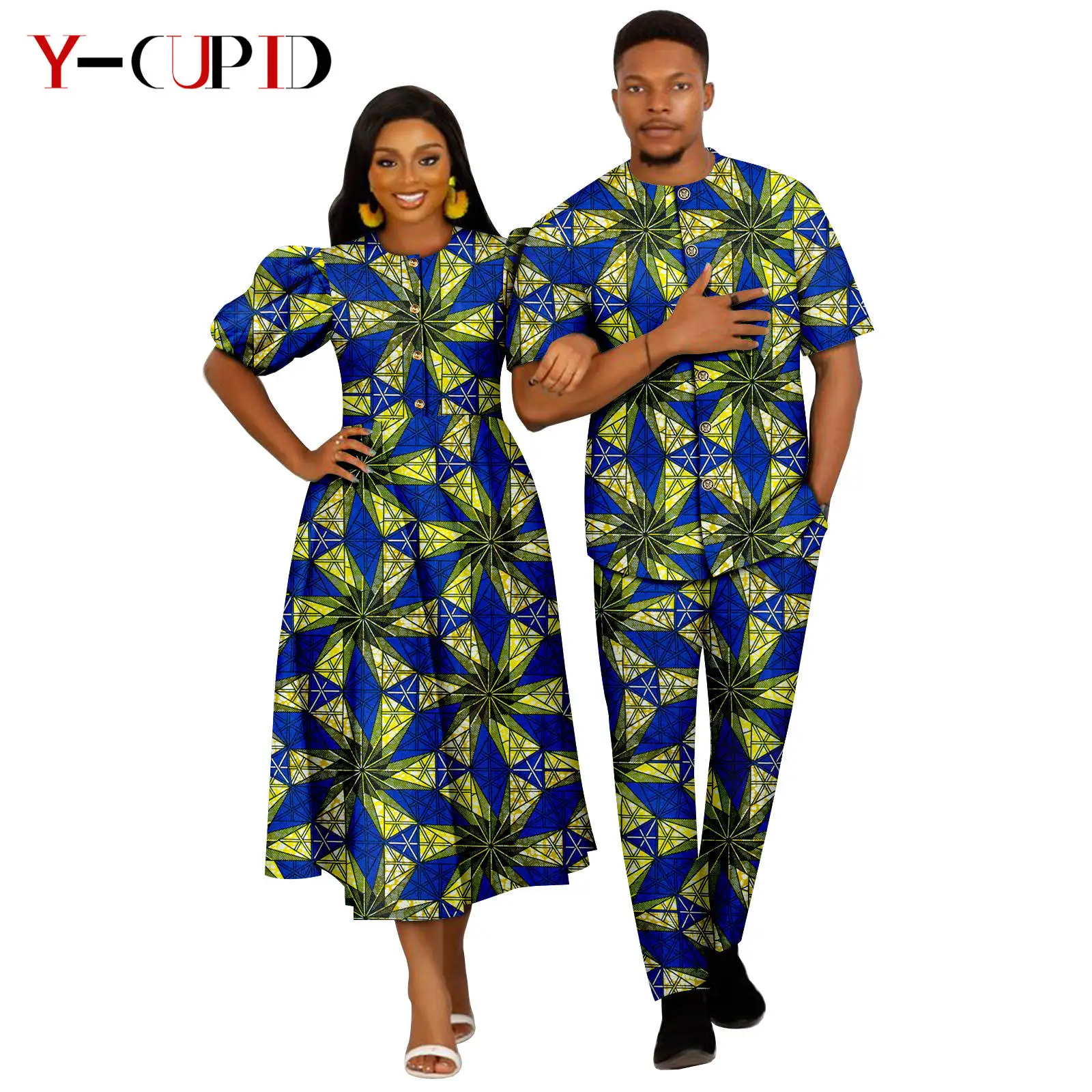 African Print Dresses for Women Matching Couples Clothes Dashiki Men Outfit Bazin Riche Top Shirt and Pant Sets 24C074