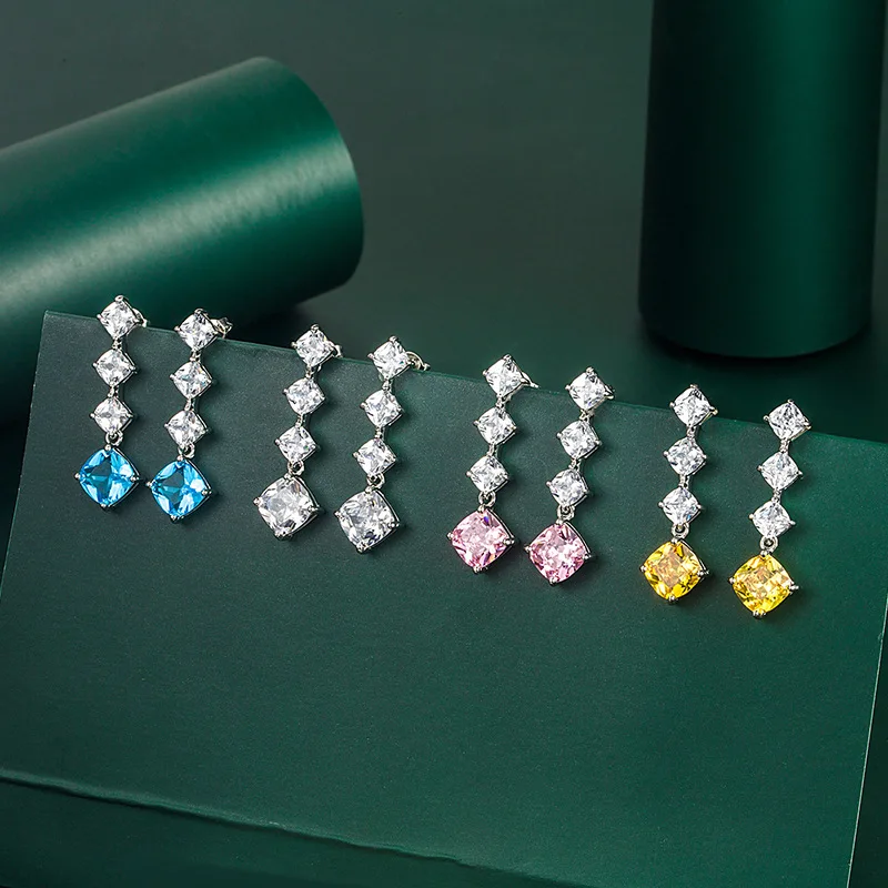 

Silver Needle Square Earrings Fashion Diamond-shaped Yellow Diamond Earrings New Colorful Treasure Earrings Earrings for Women