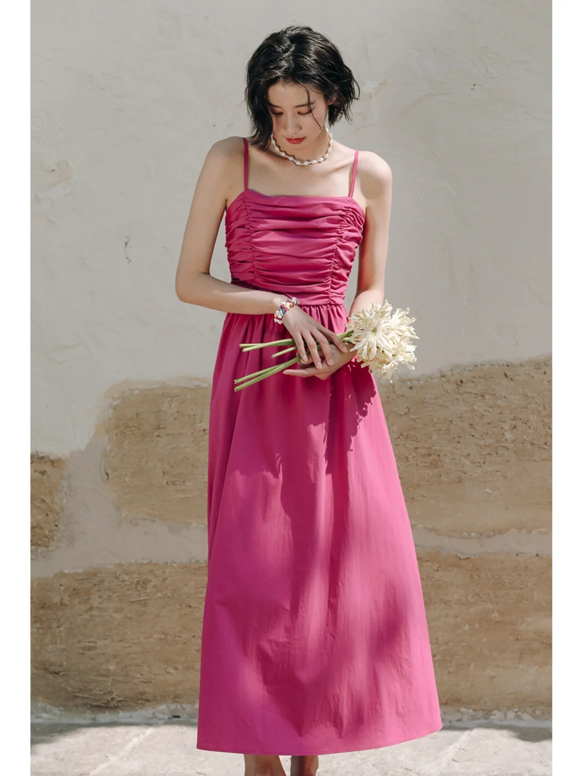 Rose Red Strap Dress Summer Women's Dress Luxury French Slim Fit Long Dress Beach Vacation Skirt