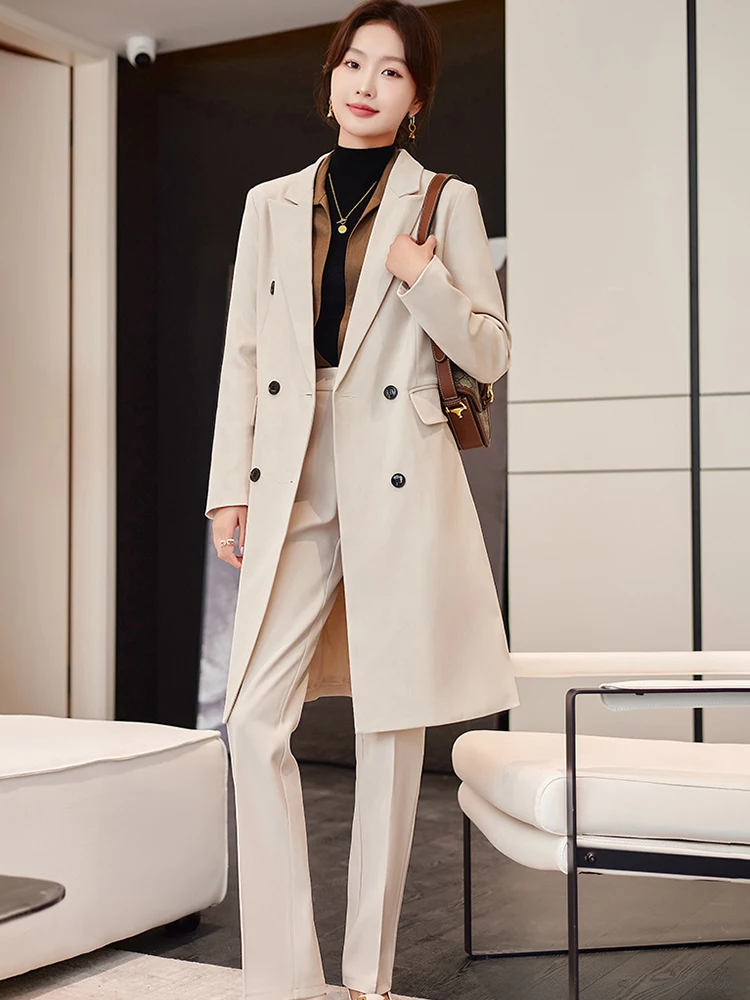 

2023 New Pant Suits Women Long Style Overcoat High Street Korean Fashion Double Breasted Blazer Casual Suits Pant 2 Piece Set