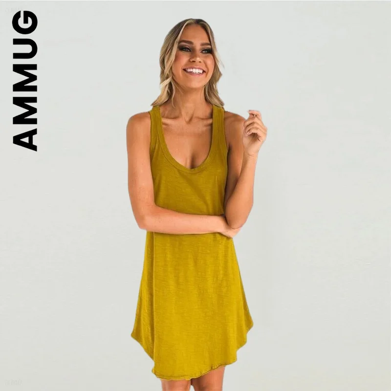 

Ammug Fashion Women Dress Loose Off Shoulder Mini Dress Solid O-neck Sleeveless Tank Dress Women Female Women Clothing Vestidos