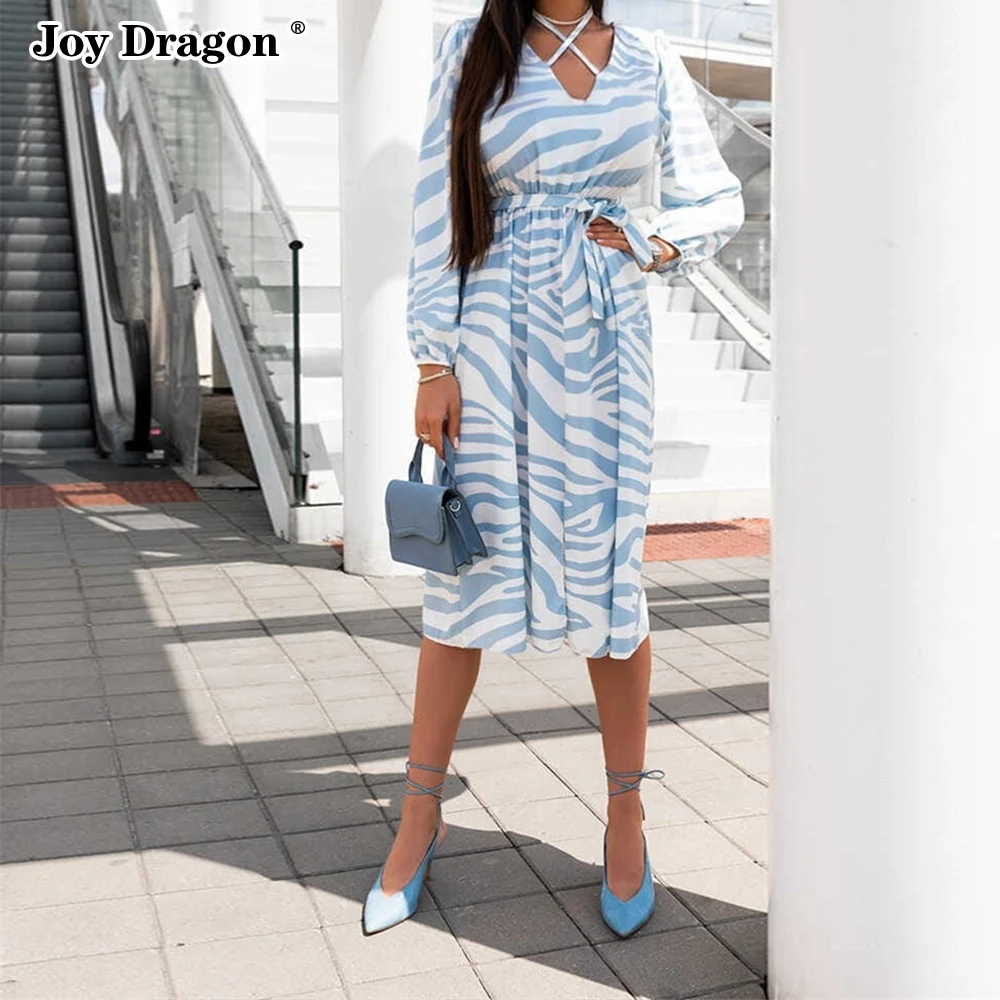 

Autumn Women Fashion Elegant Slit Dress Chiffon V Neck A Line Printing Long Sleeve Midi Basic Elastic Waist Zebra Stripes