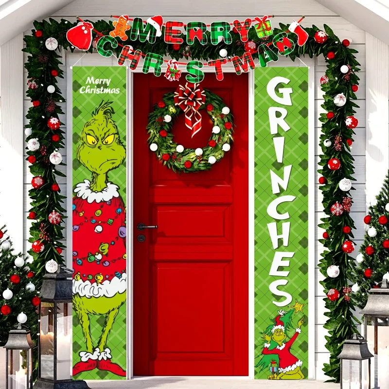 

New Anime Green Fur Monster People Christmas Couplet Holiday Party Decorations Porch Flags Door Curtains Home Accessories Gifts