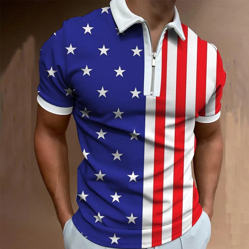 Summer Men's Short-Sleeved Luxury Polo Shirt American Flag Print Trend Casual Oversized Street Lapel Zipper Slim-Fit Clothing