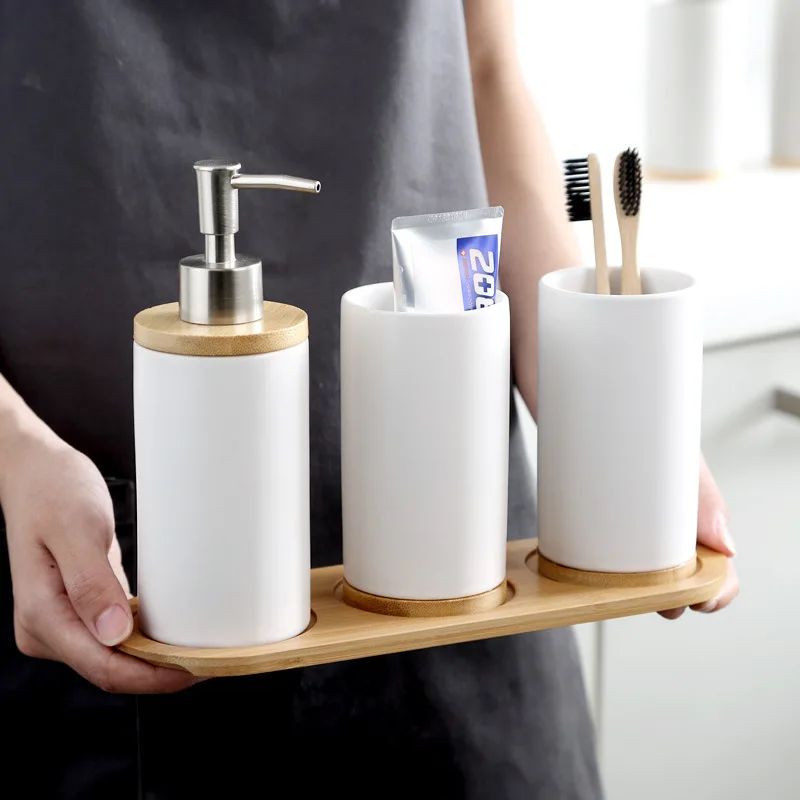 

3Pcs/set Bathroom Ceramic Soap Dispenser Set with Bamboo Tray Tumblers Teeth Brushing Cup Emulsion Shampoo Body Wash Container