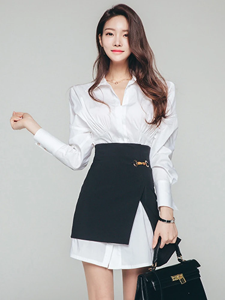 

Spring Autumn Women 2 Piece Skirts Set 2022 White Turndown Collar Long Sleeve Single Breasted Shirt Dress Slit Skirt Office Suit