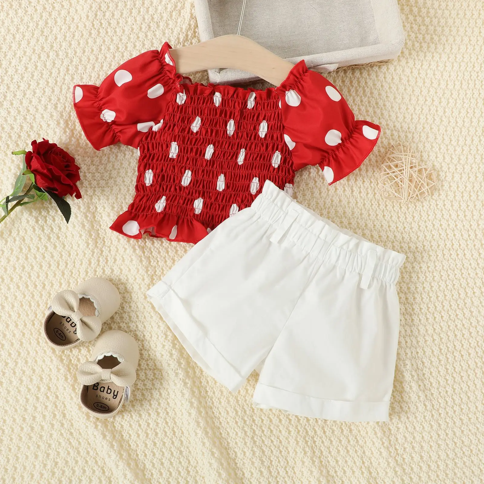 

2Pcs/Set Baby Girl Clothes Set 2023 Summer Children Girl Suit Polka Dot Puff Sleeve Top+Shorts Costume For Kids1 2 3 4 Years Old