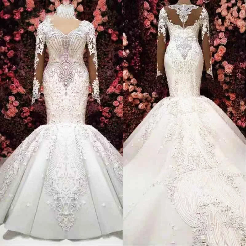 

Africa Luxury White Mermaid Wedding Dress Plus Size New Arrival Arabic Crystals Beading Long Sleeve Lace Wedding Gowns