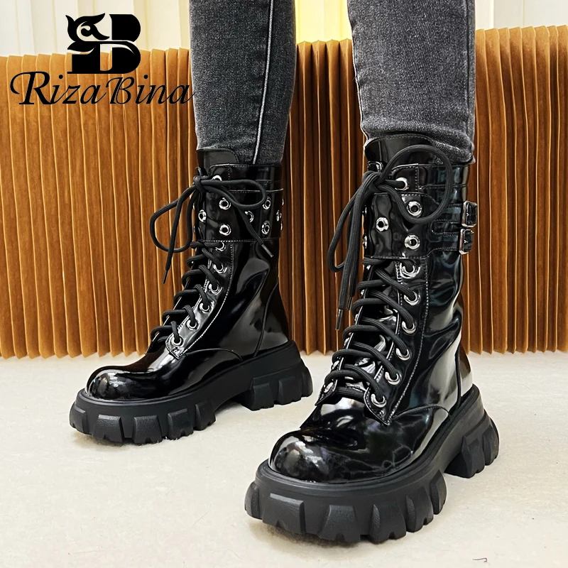 

RIZABINA 2023 New Short Boots Women Real Leather Rivets Buckle Winter Shoes Woman Fashion Ins Boots Daily Footwear Size 34-39