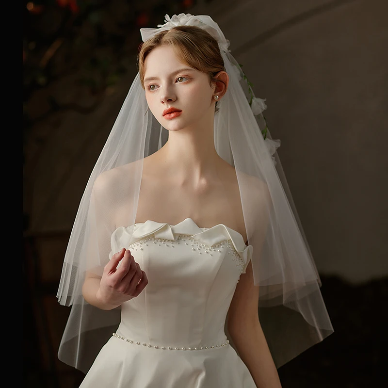 

V747 Elegant Wedding Bridal Veil Green Leaves White Organza Flowers Tulle Handmade Brides Veil Women Marriage Accessories