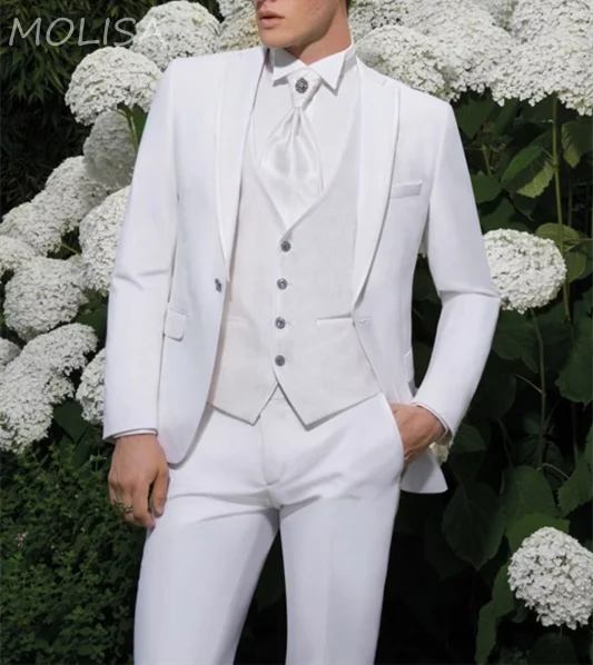

2022 New White Elegant Single Breasted Men Suits Peak Lapel Groom Tuxedos for Wedding Suits Three Pieces (Jacket Pants) Formal M