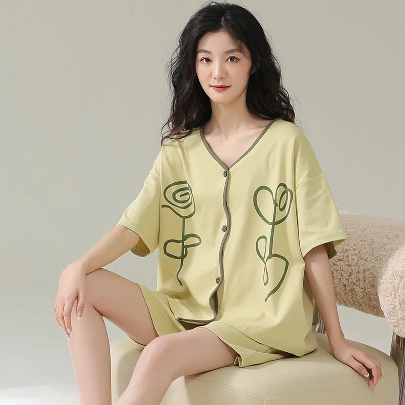 Summer Pure Cotton Pajamas for Women Sweet Temperament Ins Wind Cardigan Short-sleeved Shorts Home Service Suit Soft Loungewear