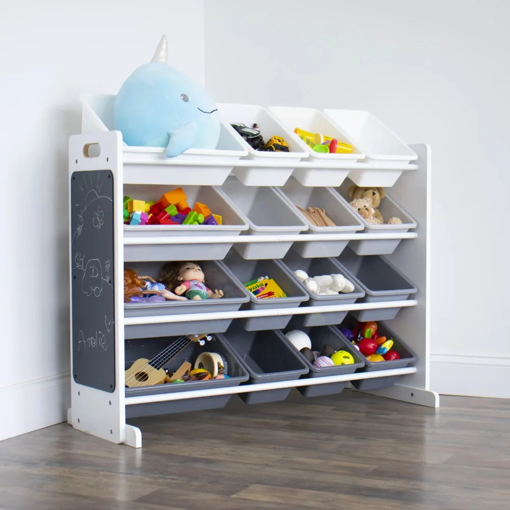 

Kids Wood Toy Storage Organizer with Chalkboard and 16 Plastic Bins