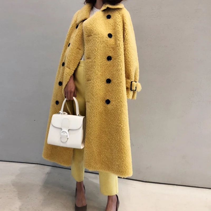 

Double-Breasted 100% Sheep Shearing Women Winter High Quality Lamb Wool Long Coat
