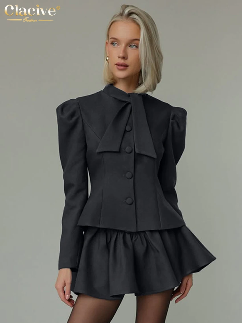Фото Clacive Fashion Slim Серый офисный комплект из 2 предметов для женщин 2025 Элегантная рубашка с длинным рукавом и мини-юбкой с высокой талией Женский комплект №3
