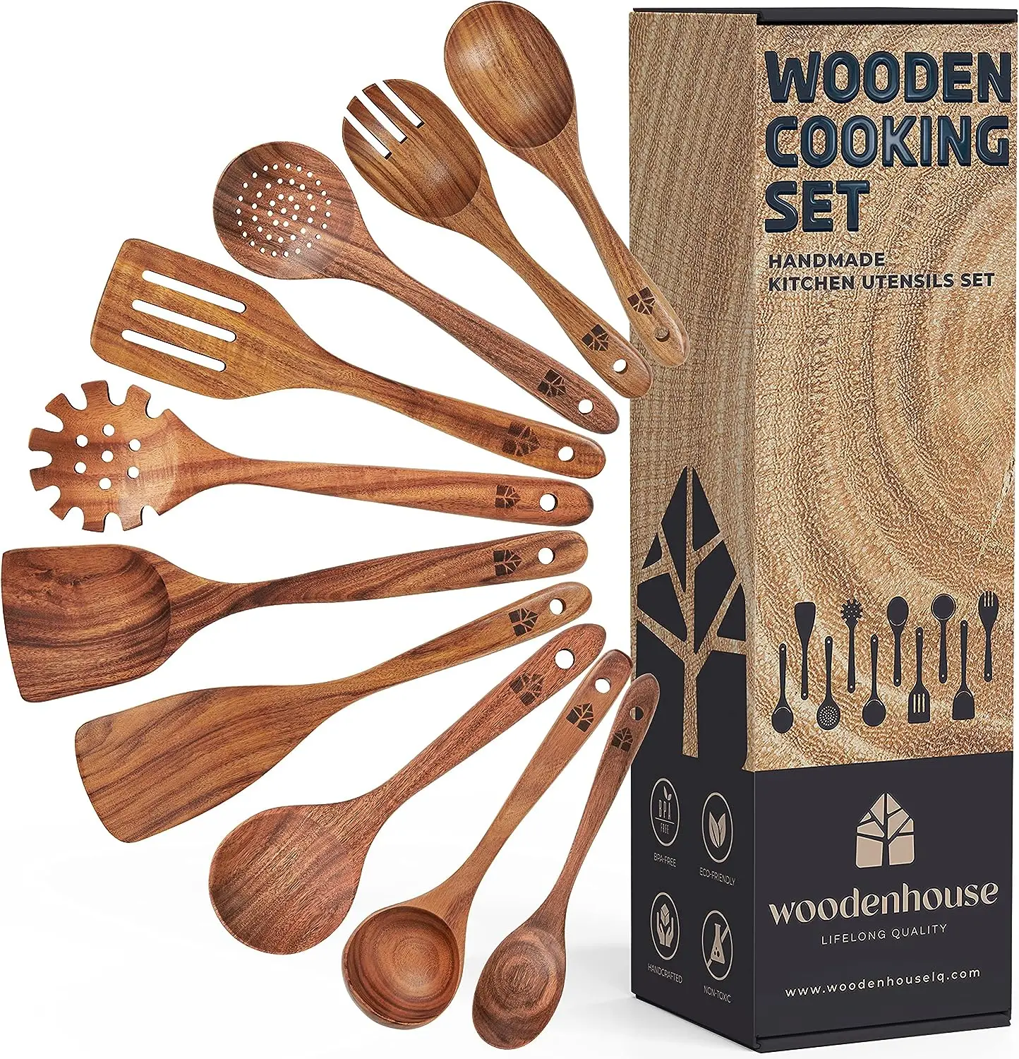 

Spoons for Cooking, 10 Pcs Teak Wood Cooking Utensil Set - Wooden Kitchen Utensils for Nonstick Pans & Cookware - Sturdy, Li