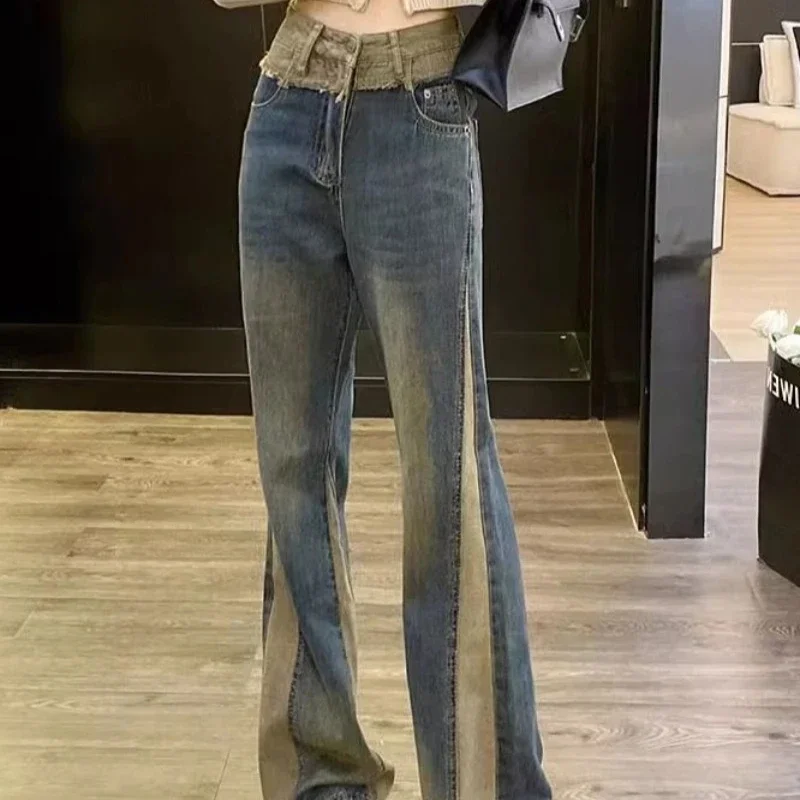 Брюки-клеш контрастных цветов женские расклешенные джинсы с высокой талией