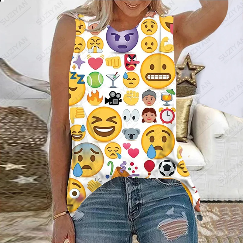 

2023 Women's Summer New Sleeveless Tank Top 3D Printed Smiling Face Expression Pack Printed Casual Commuter Women's Pullover Top