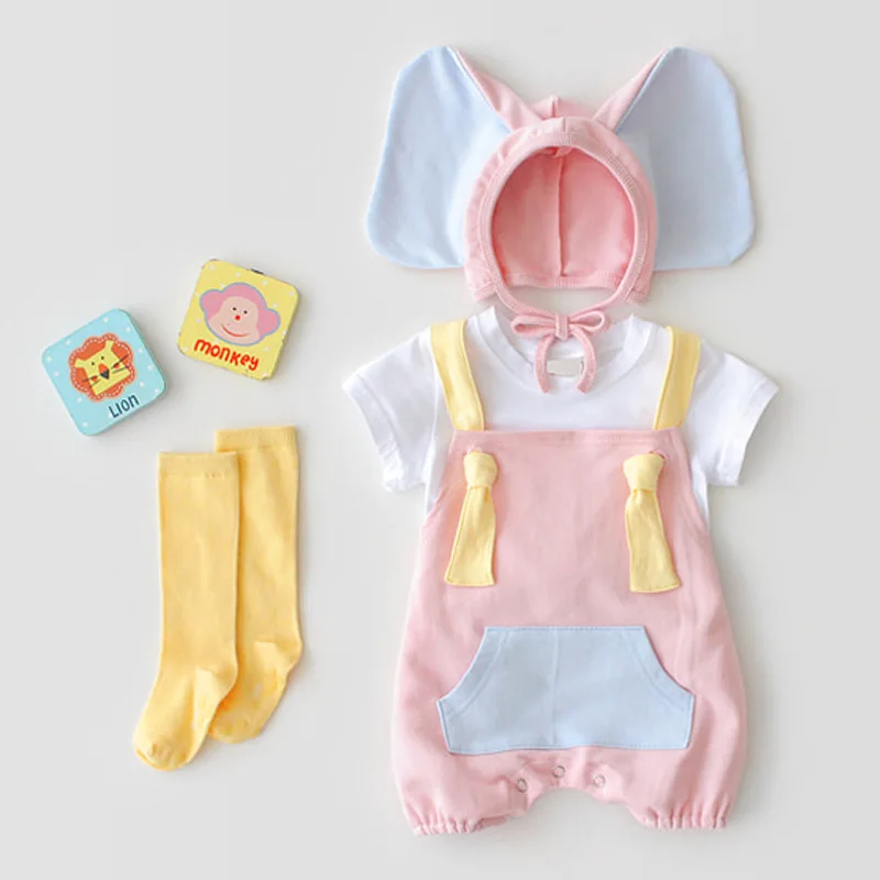 

2Pcs summer Infant Cute Infant Strap jumpsuit cute elephant ears hat set baby boys girls Bodysuits Baby Clothing 0-1 Years