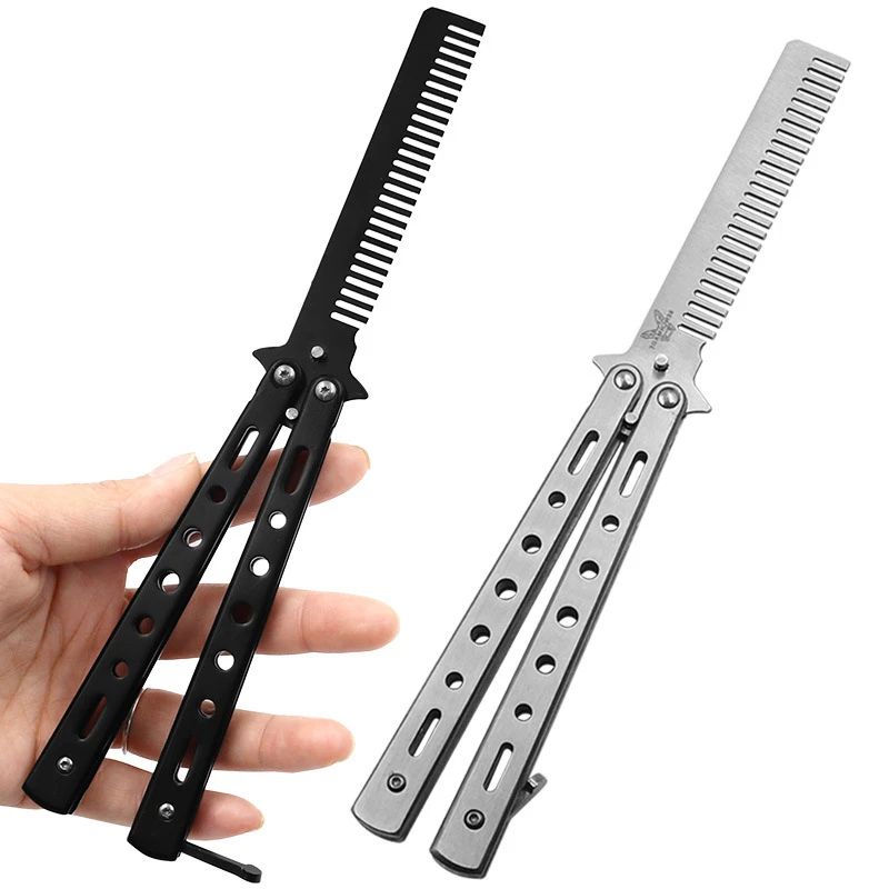

Foldable Comb Stainless Steel Practice Training Butterfly Knife Comb Beard Moustache Brushe Salon Hairdressing Styling Tool