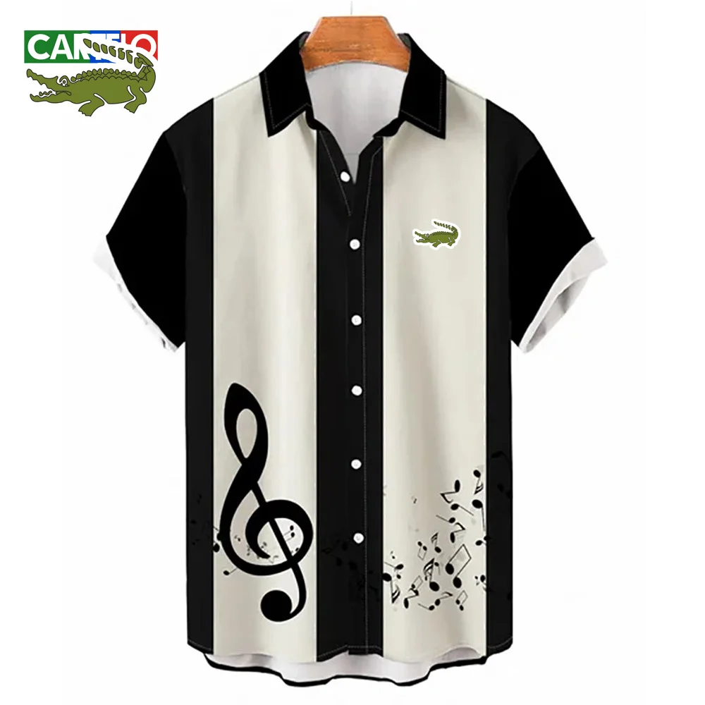 

New Men's Shirts CARTELO Brand Slim Stripe Stand Collar Long Sleeve Musical Notation Print Casual Party Shirt