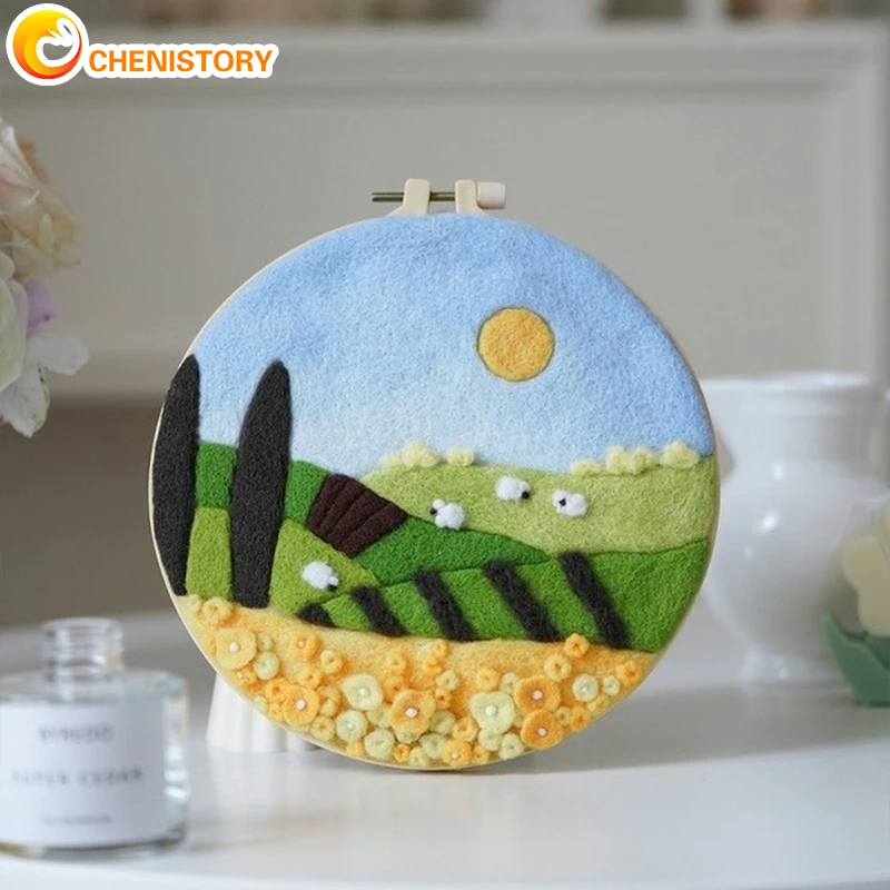 

CHENISTORY DIY Wool Felting Painting Landscape Painting with Embroidery Needle Felt Material Package For Home Decors Crafts Gift