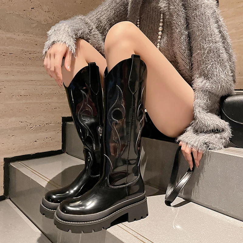 

Punk Style Flame Embroidered Western Cowboy Boots Square Head Thick Sole Heightening Knight Boots Leather Custom Women's Boots