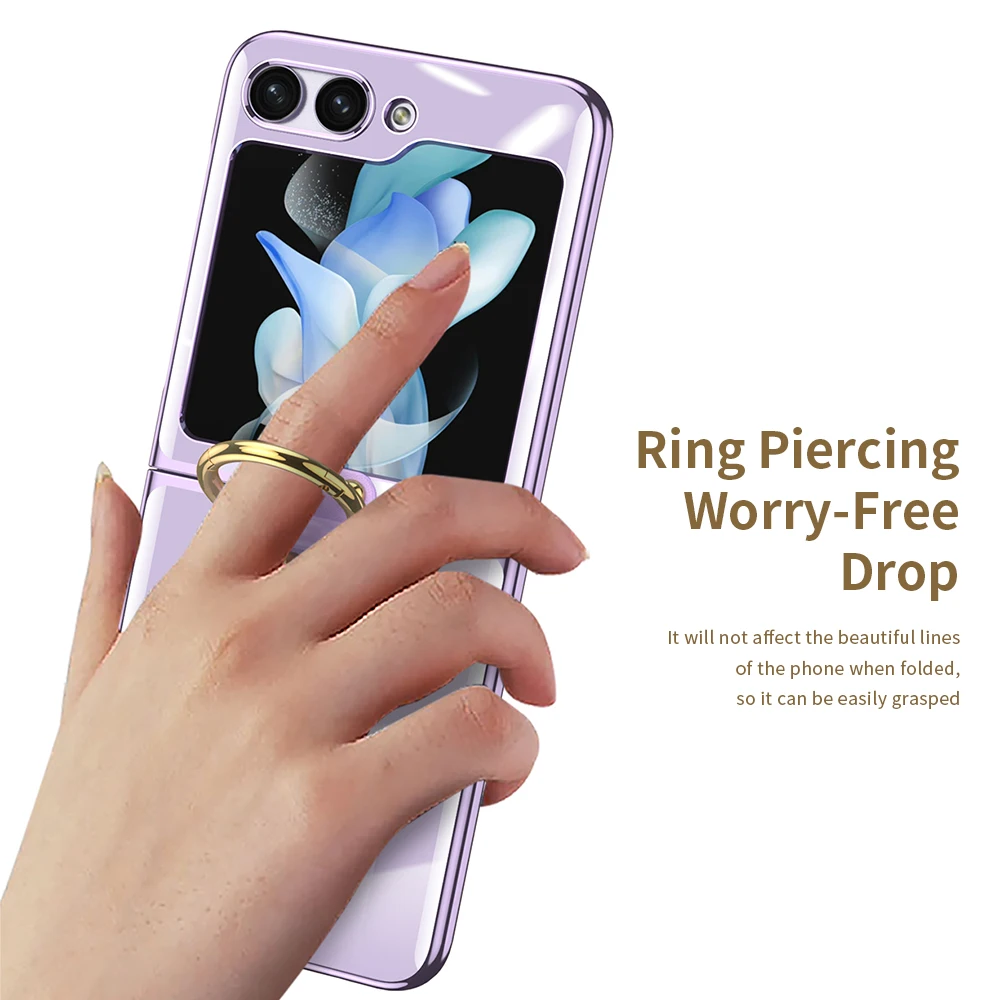 For Samsung Galaxy Z Flip 5 Case Ultra-thin Electroplated Transparent Ring Bracket Folding Shockproof Hard Back Case Accessories
