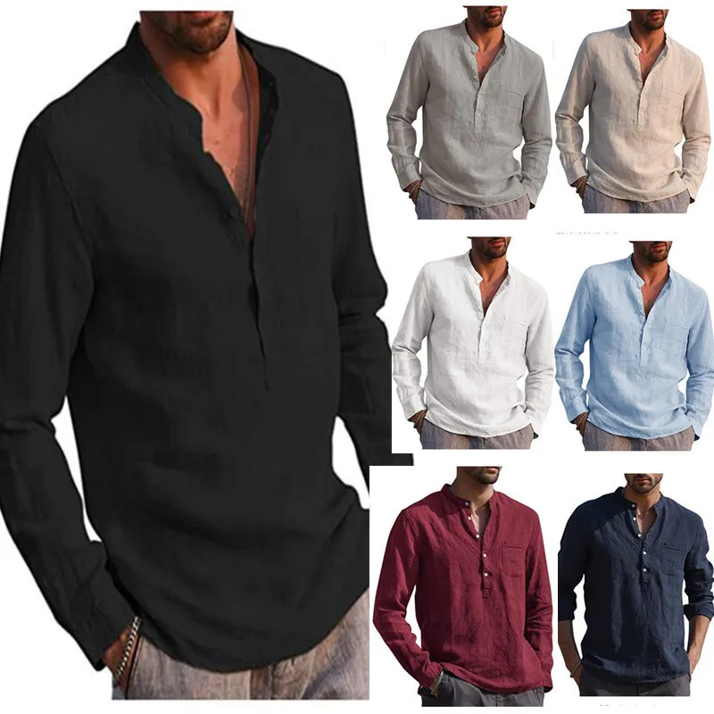 

100% Cotton Linen Hot Sale Men's Long-Sleeved Shirts Summer Solid Color Stand-Up Collar Casual Beach Style Plus Size