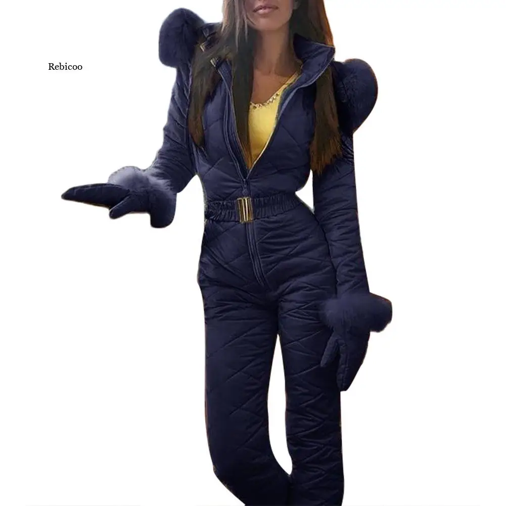 Женский зимний комбинезон на молнии с воротником из искусственного меха