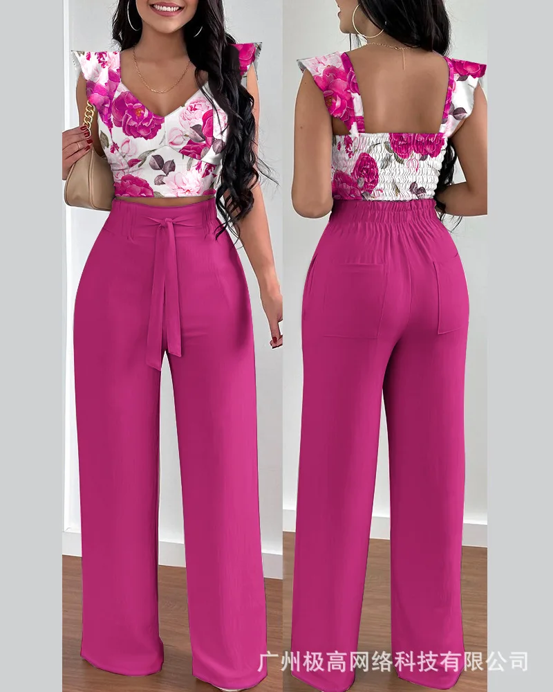 

Floral Print Ruffle Hem Shirred Crop Top & High Waist Pants Set Women Flower Camis Tanks Tops Long Loose Pants Summer