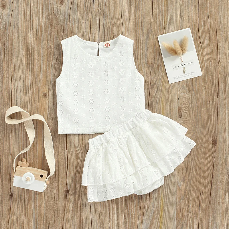 

Toddler Baby Girls Suit Solid Color Hollow Out Sleeveless Tops+Skirt-Like Ruffled Shorts Summer Outfits Clothes