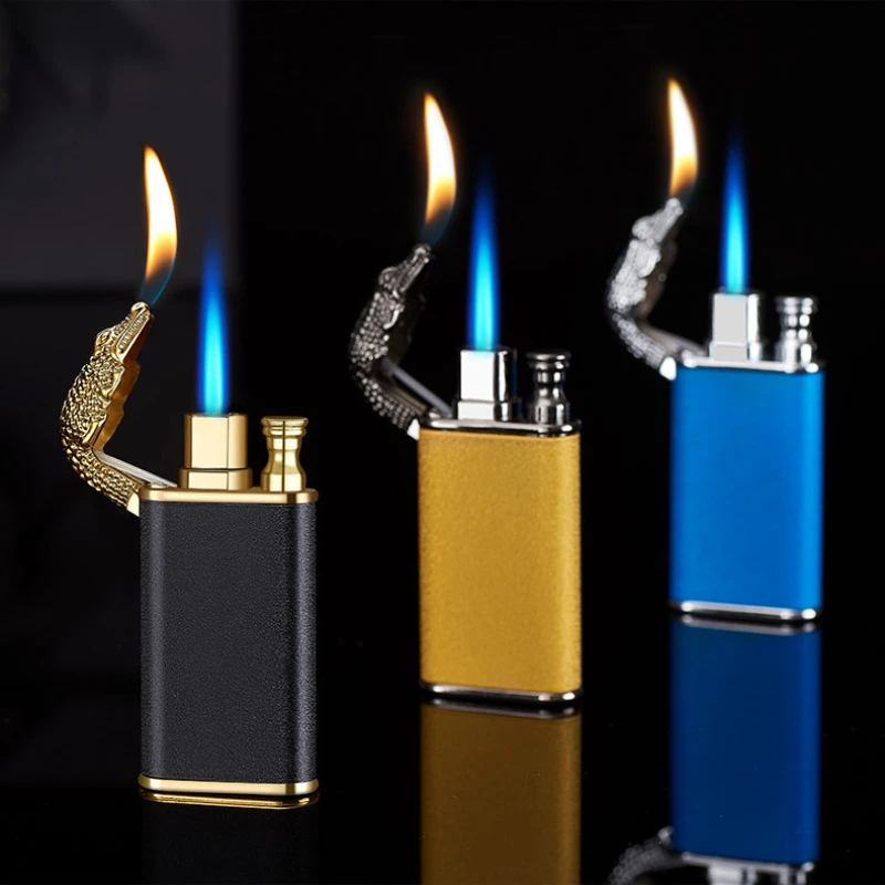 

Unusual Blue Flame Metal Crocodile Dolphin Double Fire Lighter Creative Direct Windproof Open Fire Conversion Lighter Man's Gift