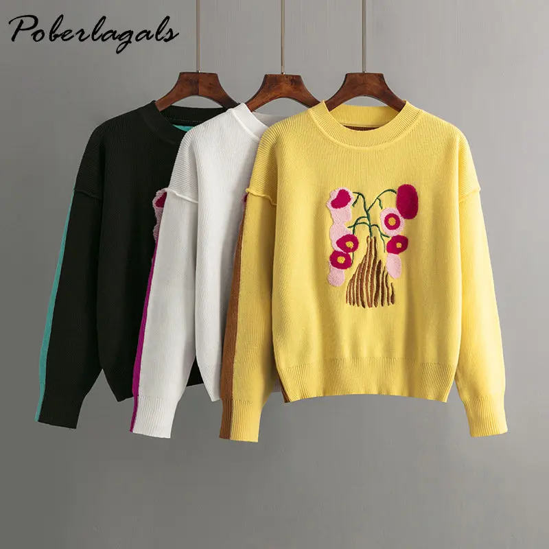 

New Embroidery Basic Sweater Women Pullover Sweater Tops Autumn Winter Korean Thick Warm O Neck Lady Casual Knit Retro Sweater