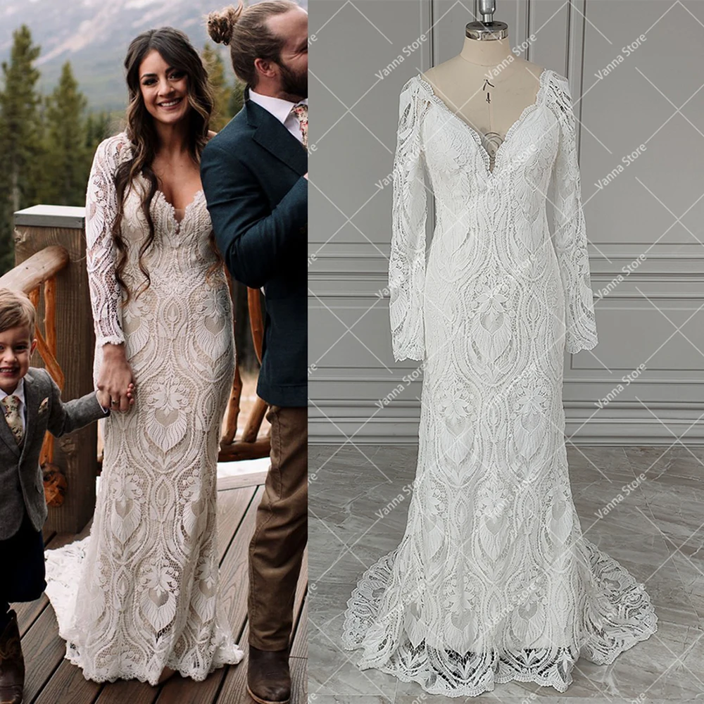 

Boho Elopement Long Sleeves Mermaid Wedding Gowns V Neck Open Back Cutout Lace Rustic Personal Modest Customize Bridal Dresses