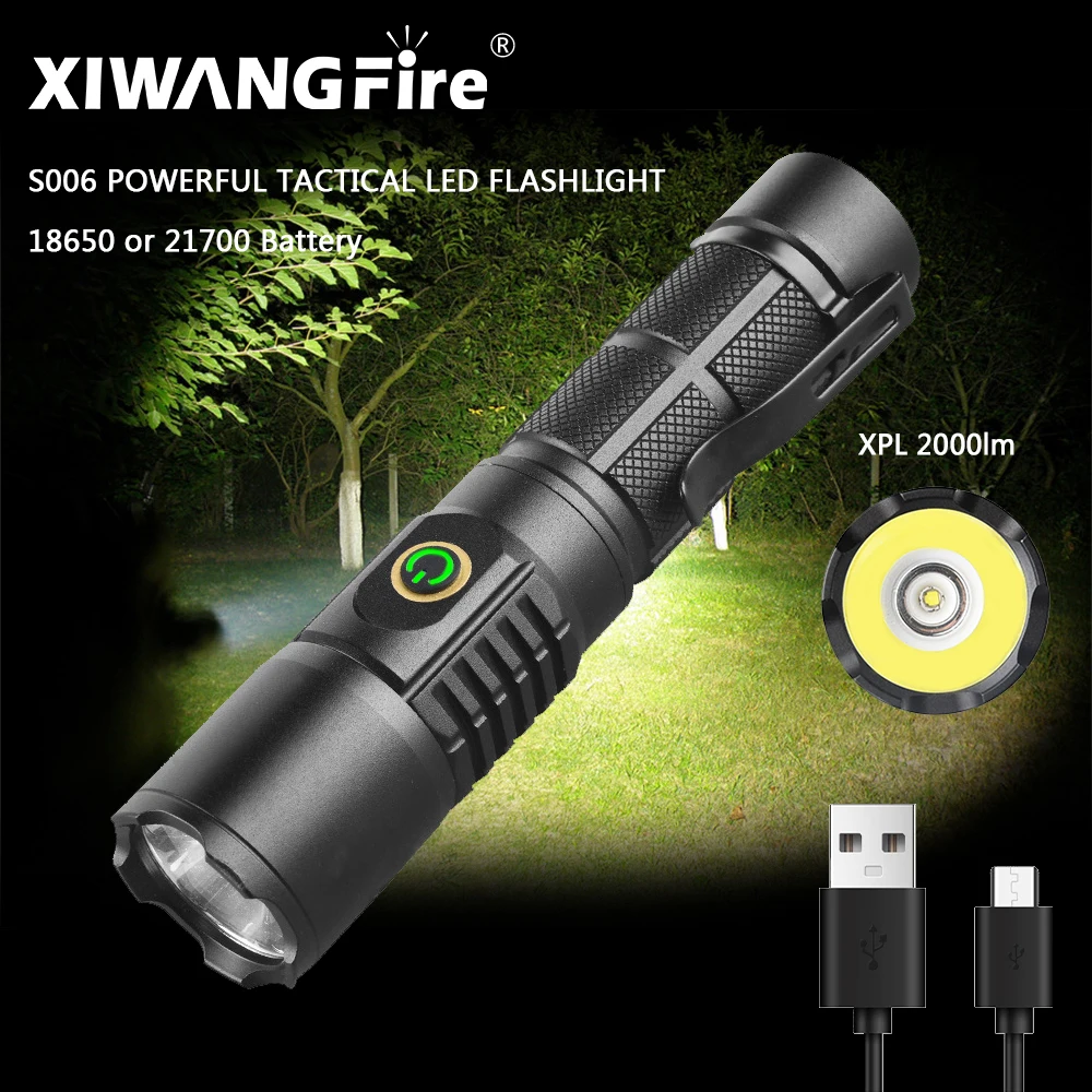 

CREE-XPL 2000lm S006 Powerful Tactical LED Flashlight 18650 or 21700 Battery Torch Light Lamp with Pen Clip Power Indicator