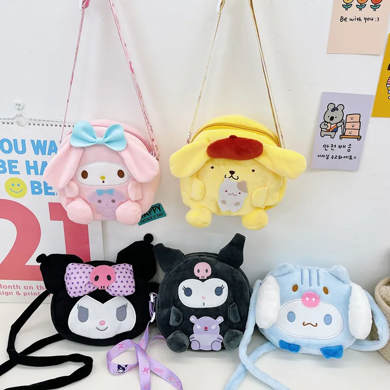 Sanrio Cute Cartoon Plush Diagonal Bag All-Match Plush Shoulder Kawaii Cinnamoroll Melody Kuromi Pom Pom Purin Girls Storage Bag