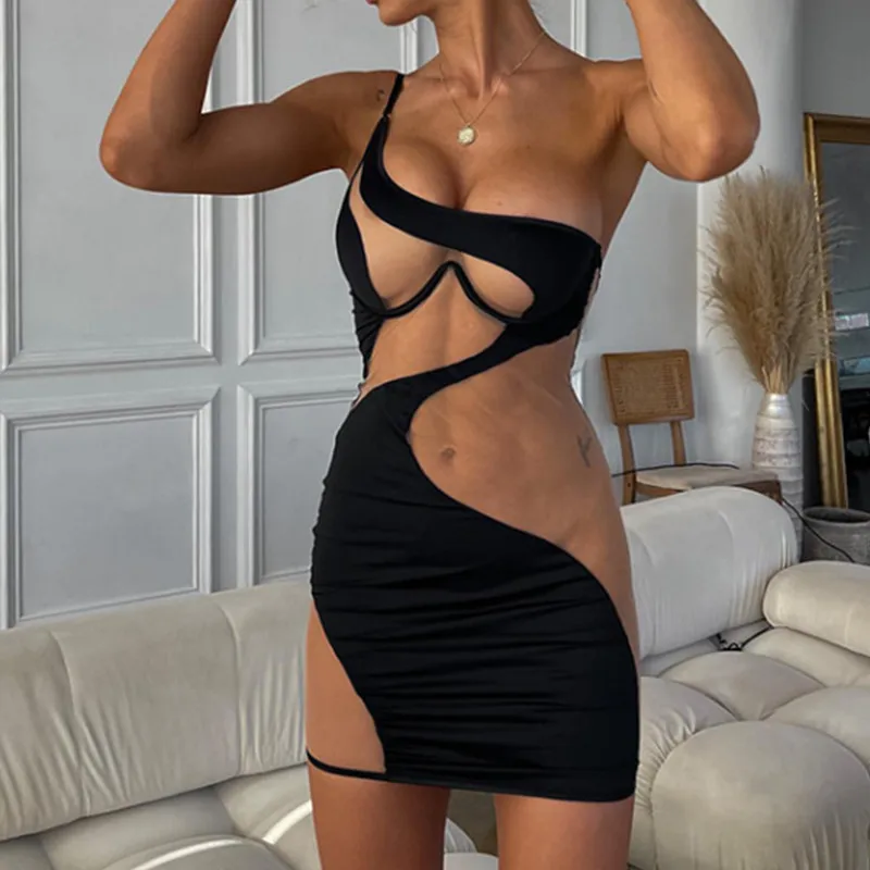 

2022 Summer Women One Shoulder Spaghetti Strap Bikini Sets Spring Solid Sexy Mesh Backless Swimsuit Bodycon Swimwear For Female