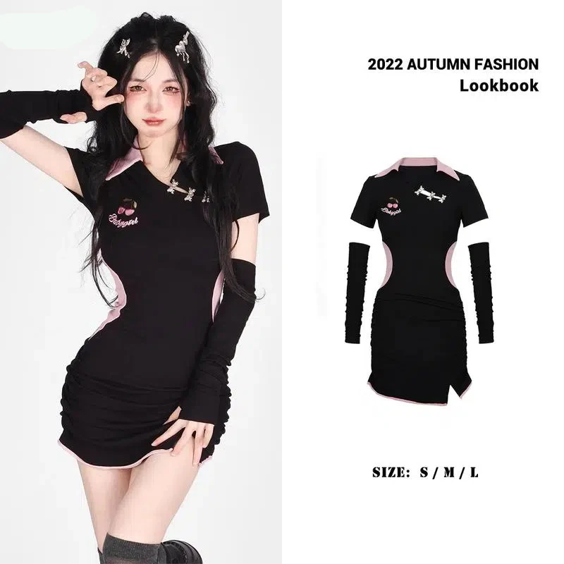 

2022 Fashion Polo neck spliced sleeves small waist Chinese bow buckle slit cheongsam dress